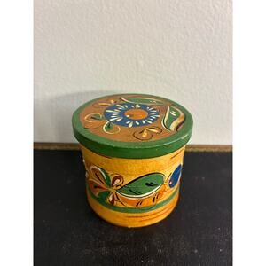 Vintage European Hand painted Floral Wood Bark Round Trinket Box